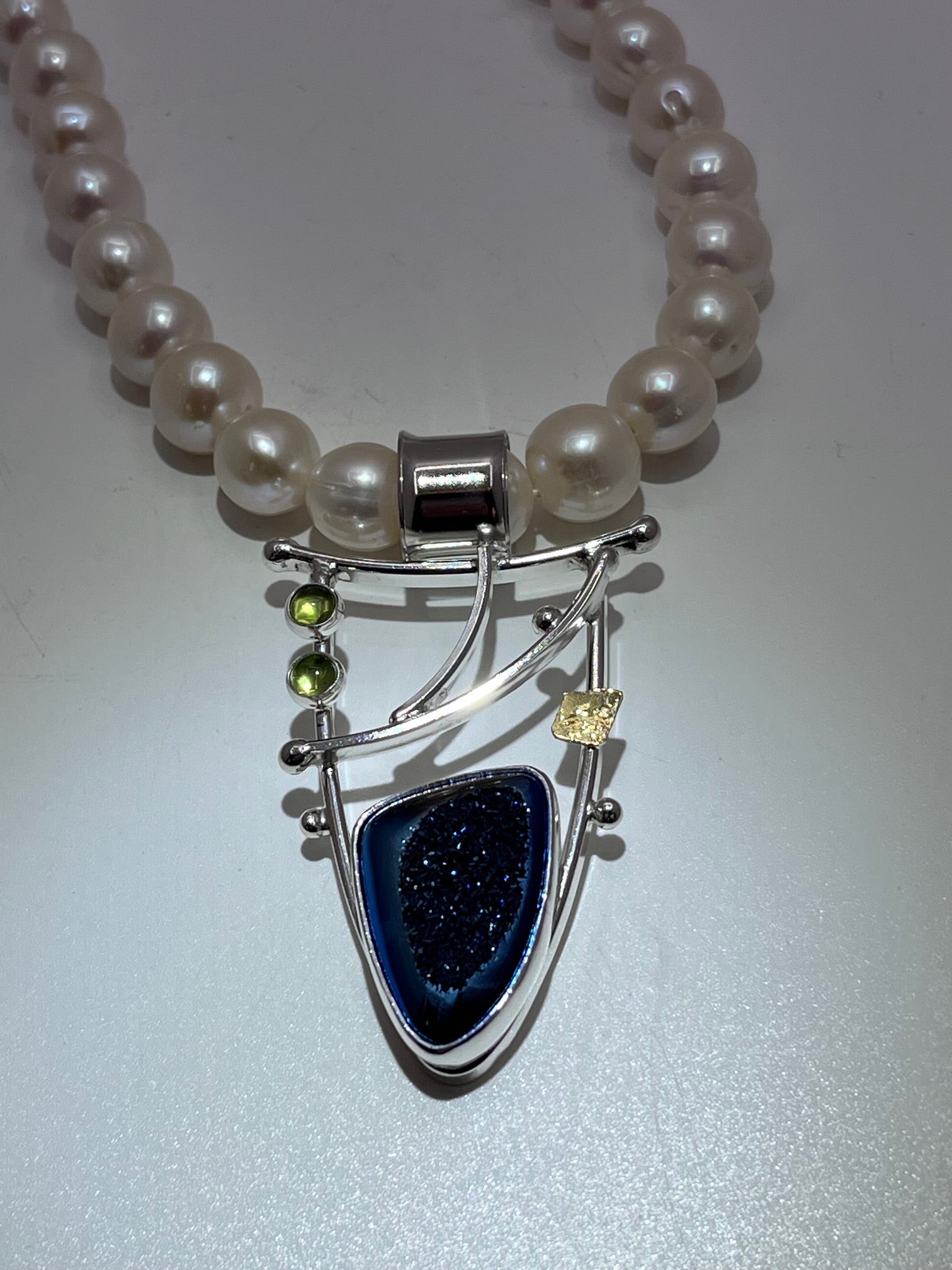 Blue Druzy and Pearl Necklace