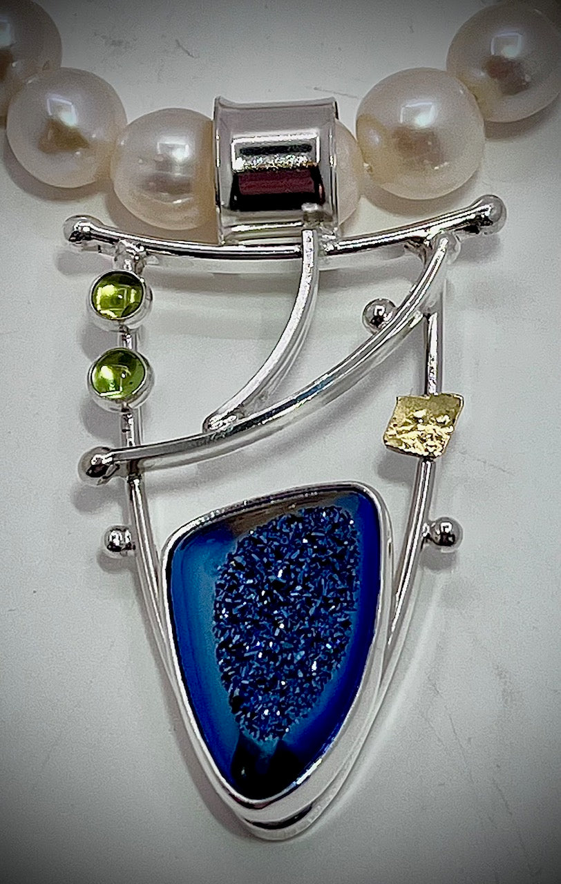 Blue Druzy and Pearl Necklace