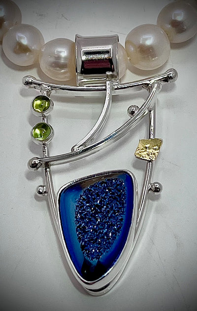 Blue Druzy and Pearl Necklace