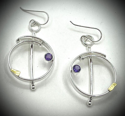 Silver and 18k Gold Saturn Overlap Earrings with Gemstones