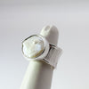 Deckled Boiler Chip anticlastic ring with white coin pearl