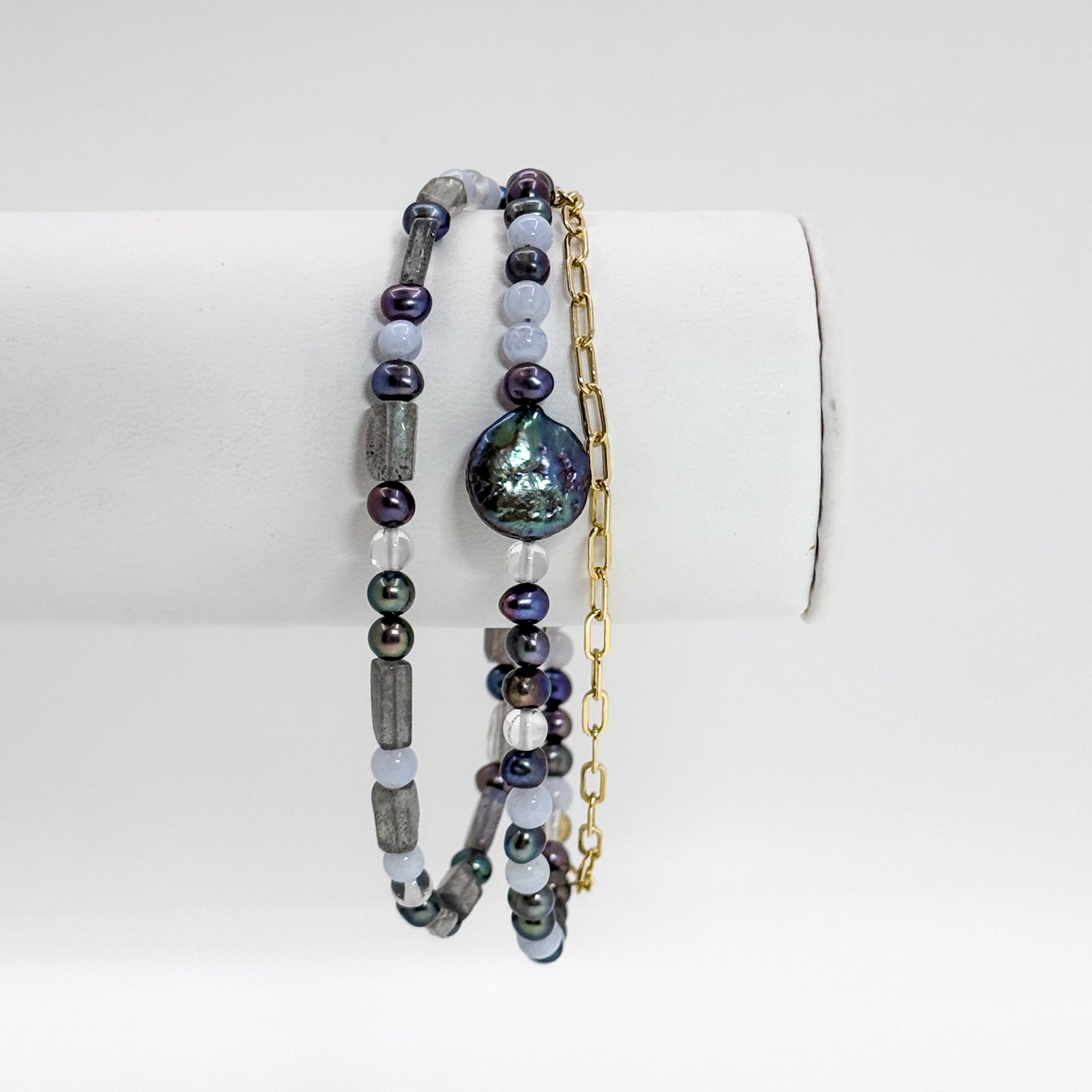 Sweet Susan triple strand bracelet with agate beads and peacock pearls