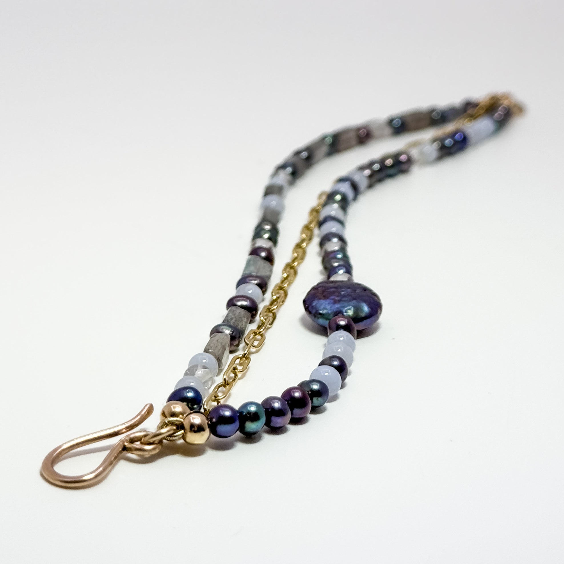 Sweet Susan triple strand bracelet with agate beads and peacock pearls