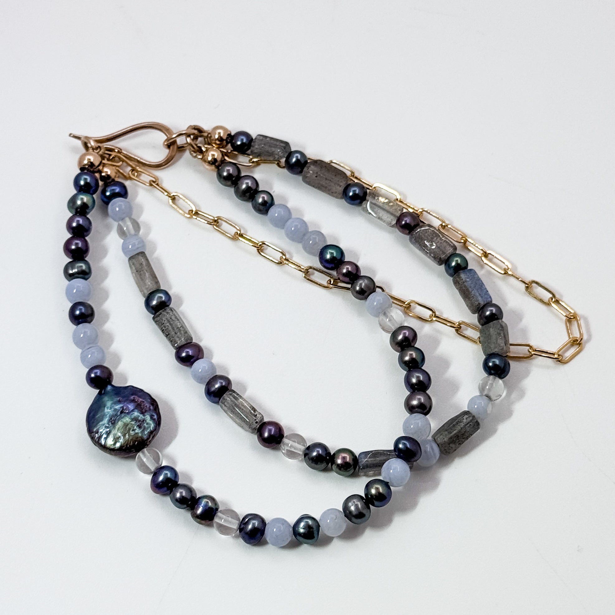 Sweet Susan triple strand bracelet with agate beads and peacock pearls