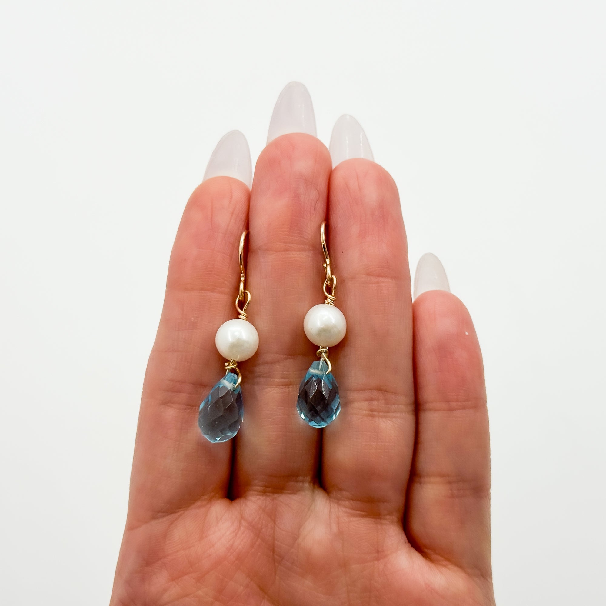 Blue topaz briolette with pearl drop earrings