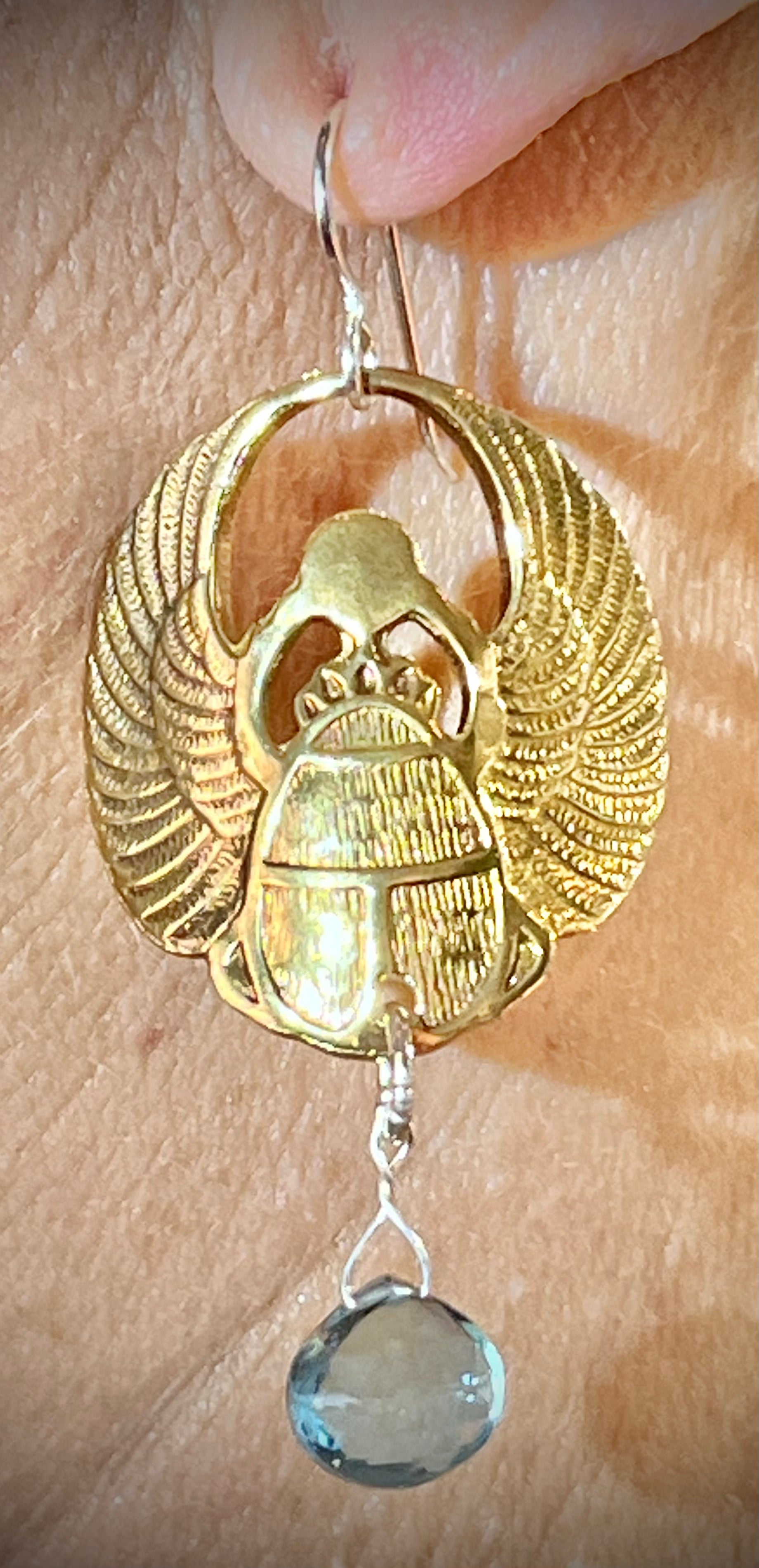 Brass Scarab Earrings with Swiss Blue Topaz