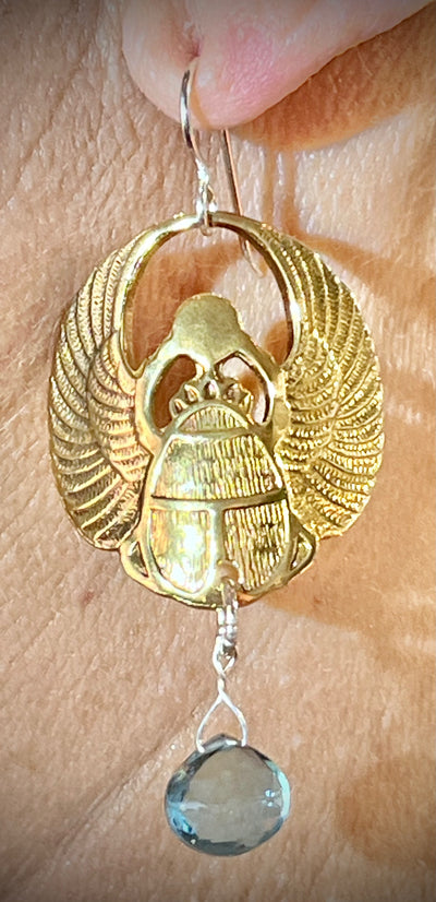 Brass Scarab Earrings with Swiss Blue Topaz