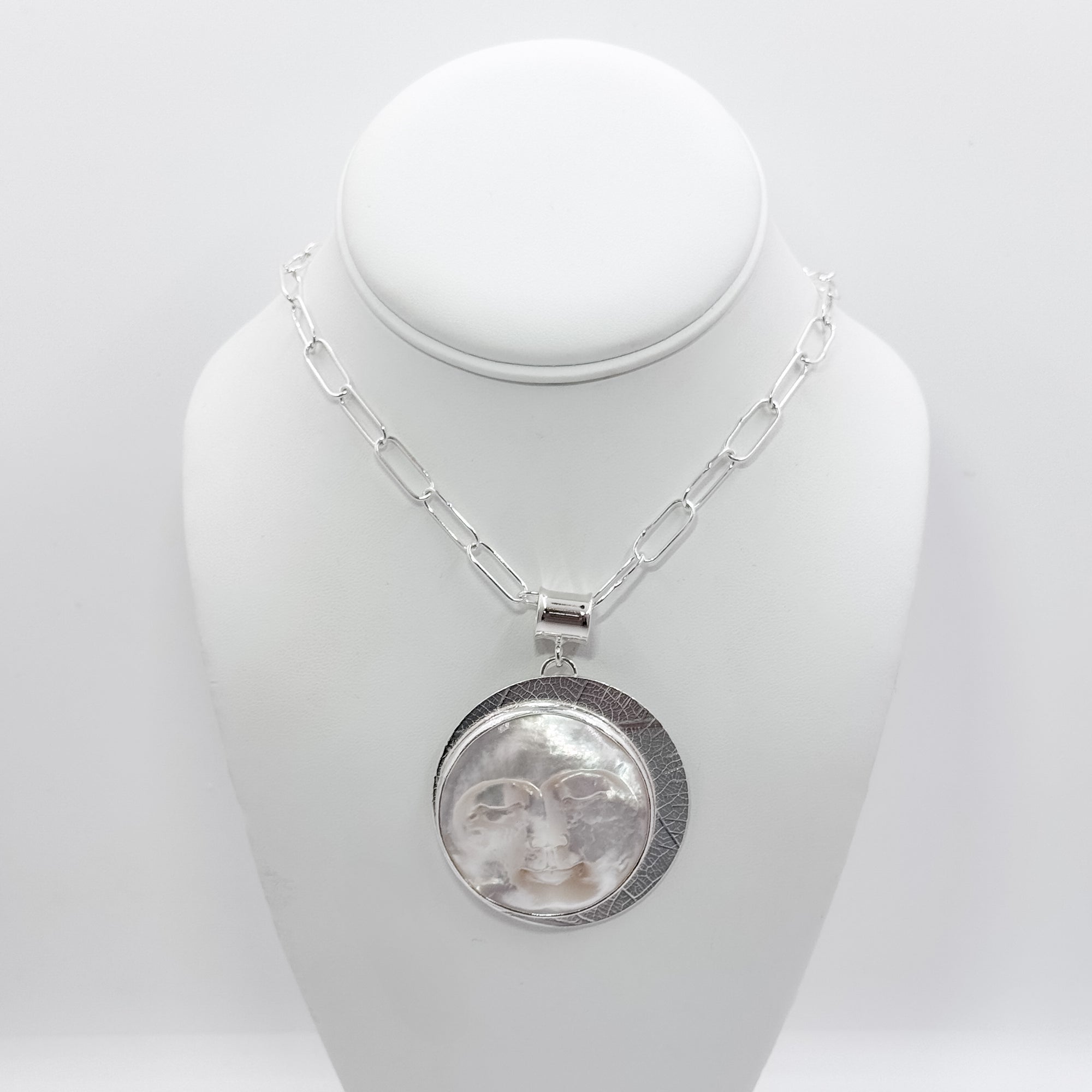 Mother of Pearl Moon Face pendant with  oval link chain