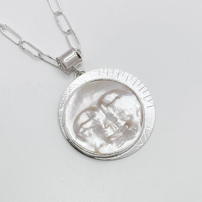 Mother of Pearl Moon Face pendant with  oval link chain