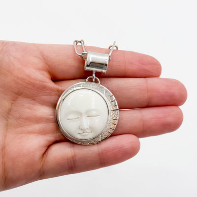 Bone Moon Face pendant on  HM oval link chain