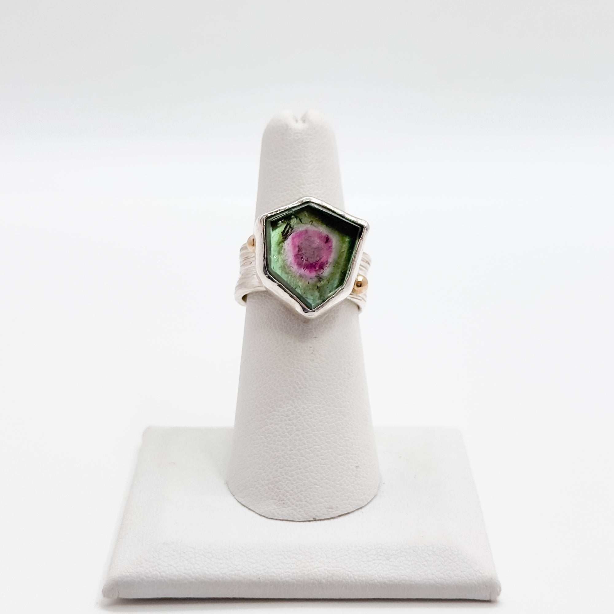 Watermelon Tourmaline ring on boiler chip band
