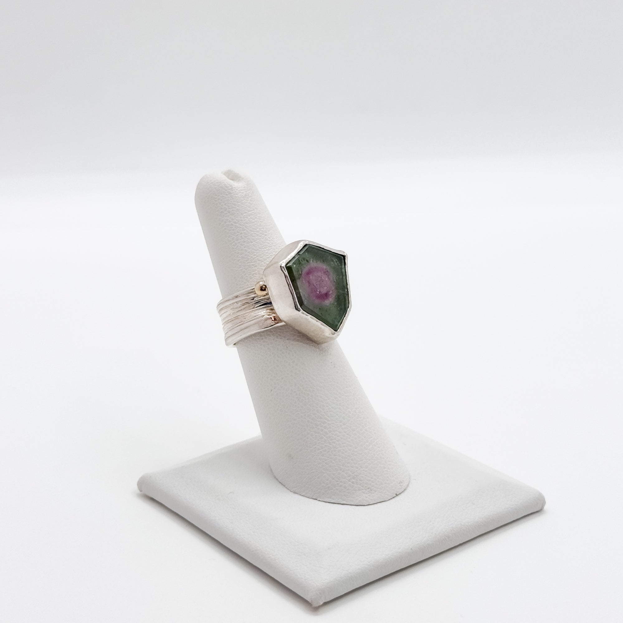 Watermelon Tourmaline ring on boiler chip band