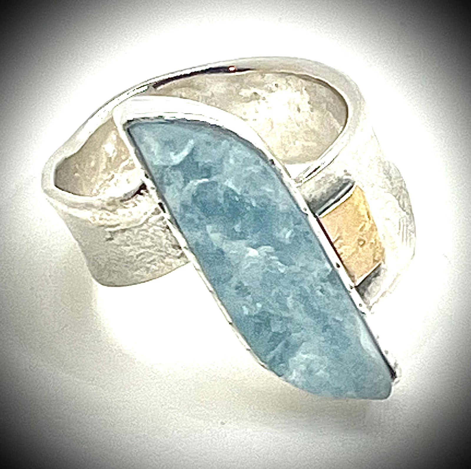 Silver and 14k Gold Kiln Pap Ring with Aquamarine
