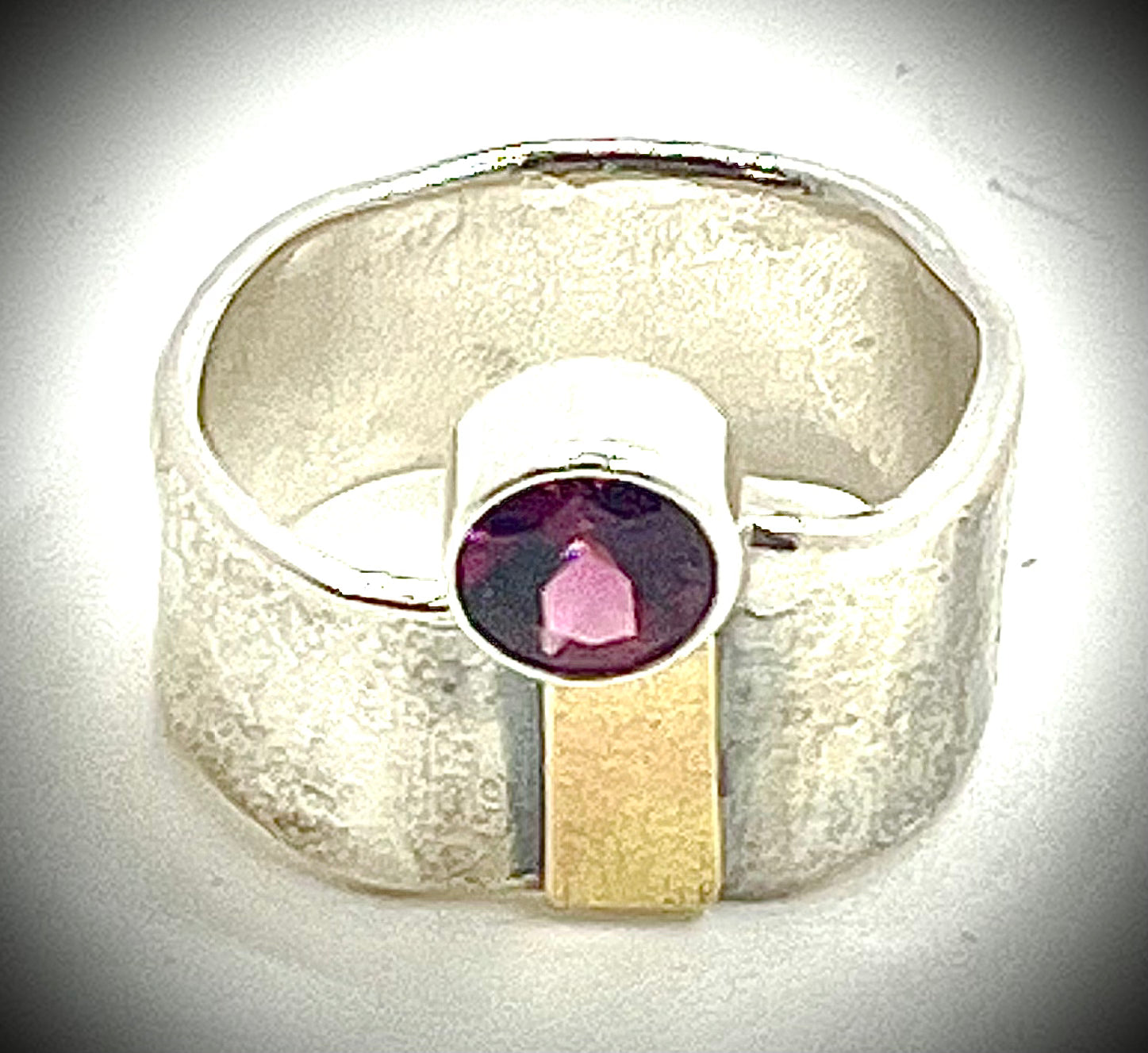 Silver and 14k Gold Kiln Pap Ring with Rhodolite Garnet