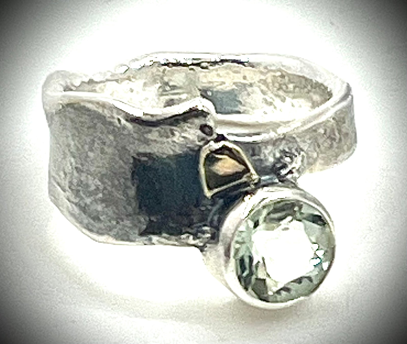 Silver and 14k Gold Kiln Pap Ring with Green Amethyst