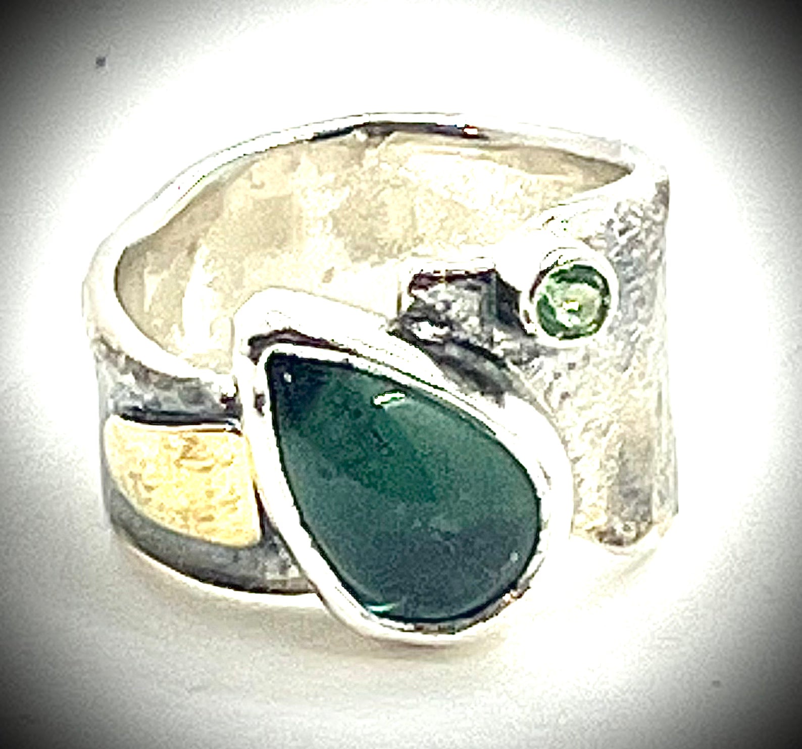 Silver and Gold Green Tourmaline Kiln Pap Ring with Tsavorite
