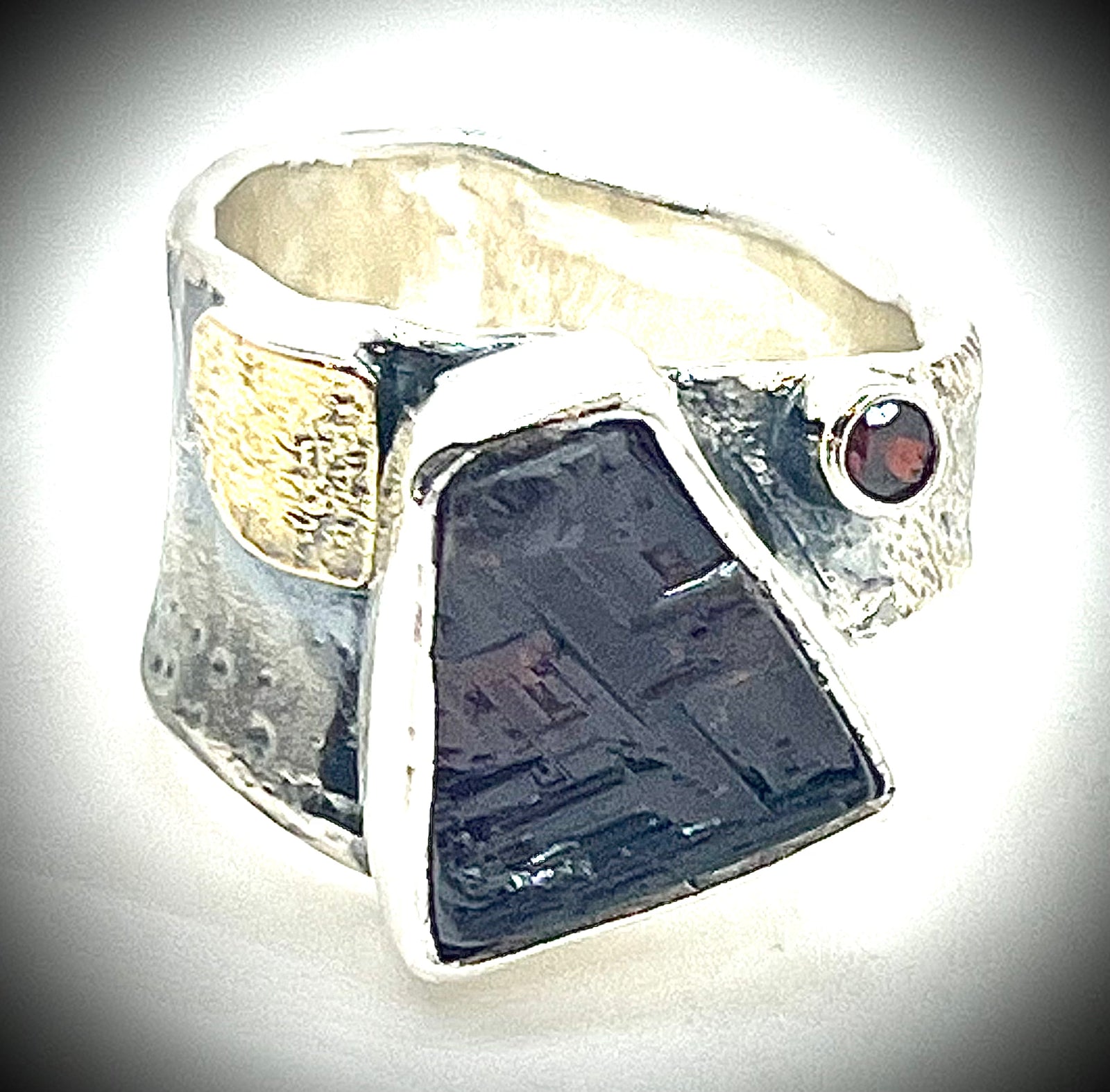 Silver and Gold Kiln Pap Ring with Garnet and Red Zircon