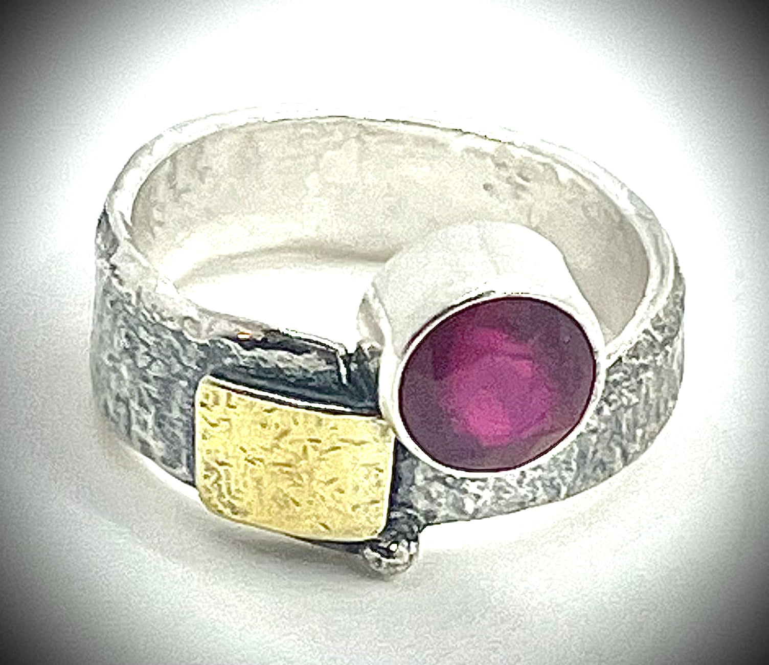 Silver and Gold Kiln Pap Ring with Ruby