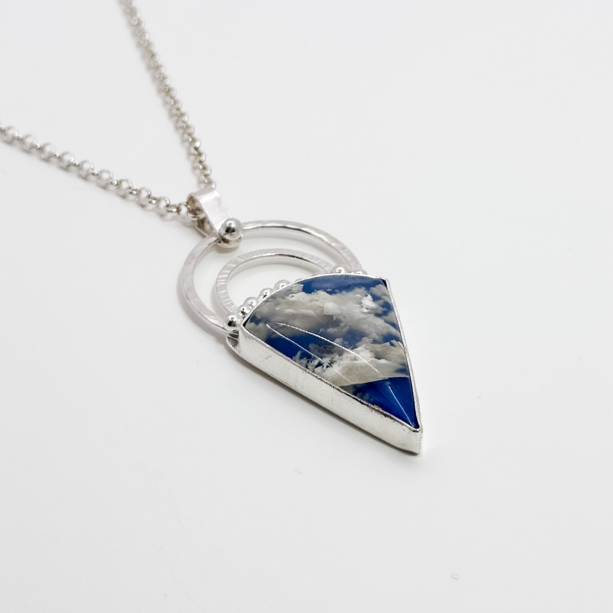 Sky Plume Agate Pendant on Rolo Chain necklace