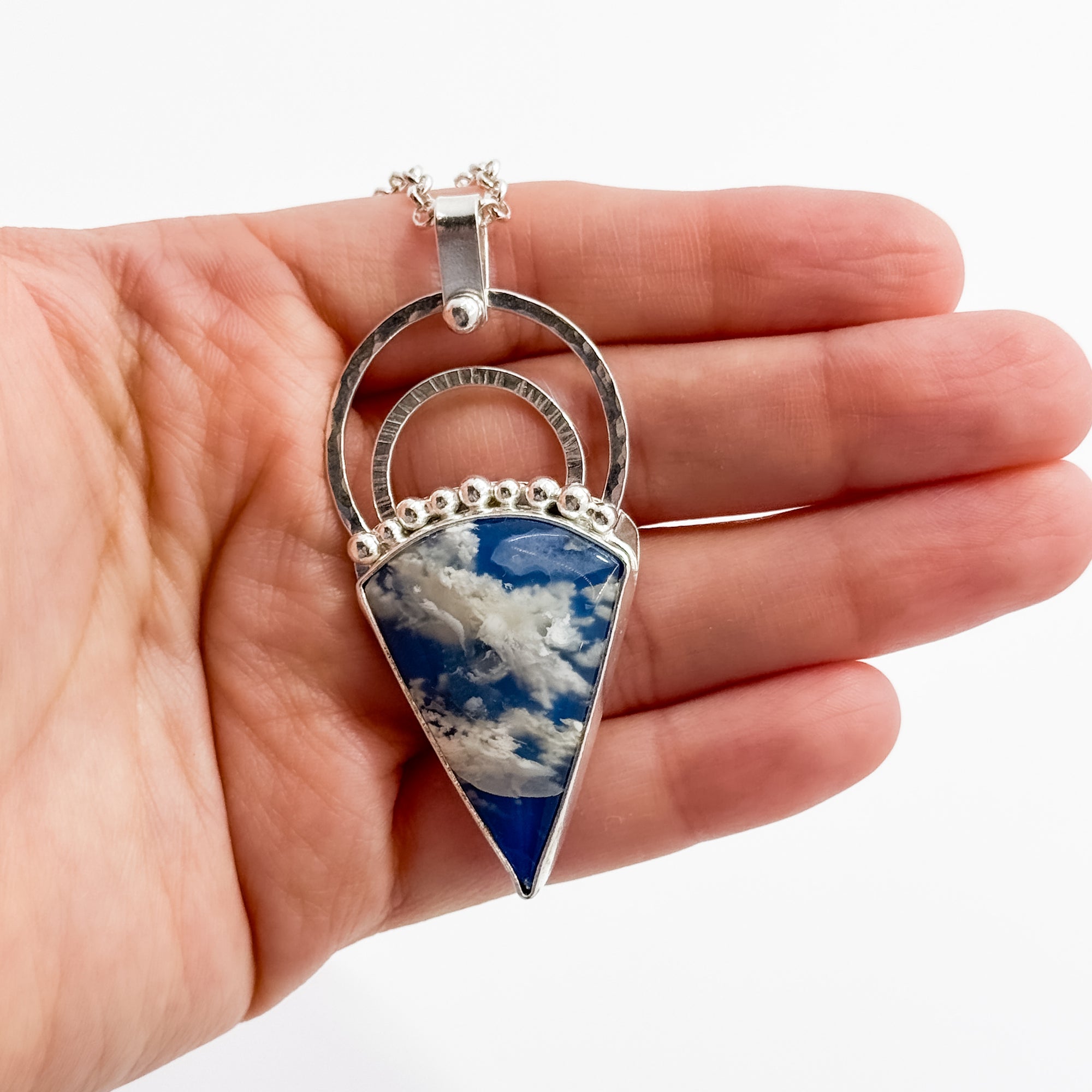 Sky Plume Agate Pendant on Rolo Chain necklace