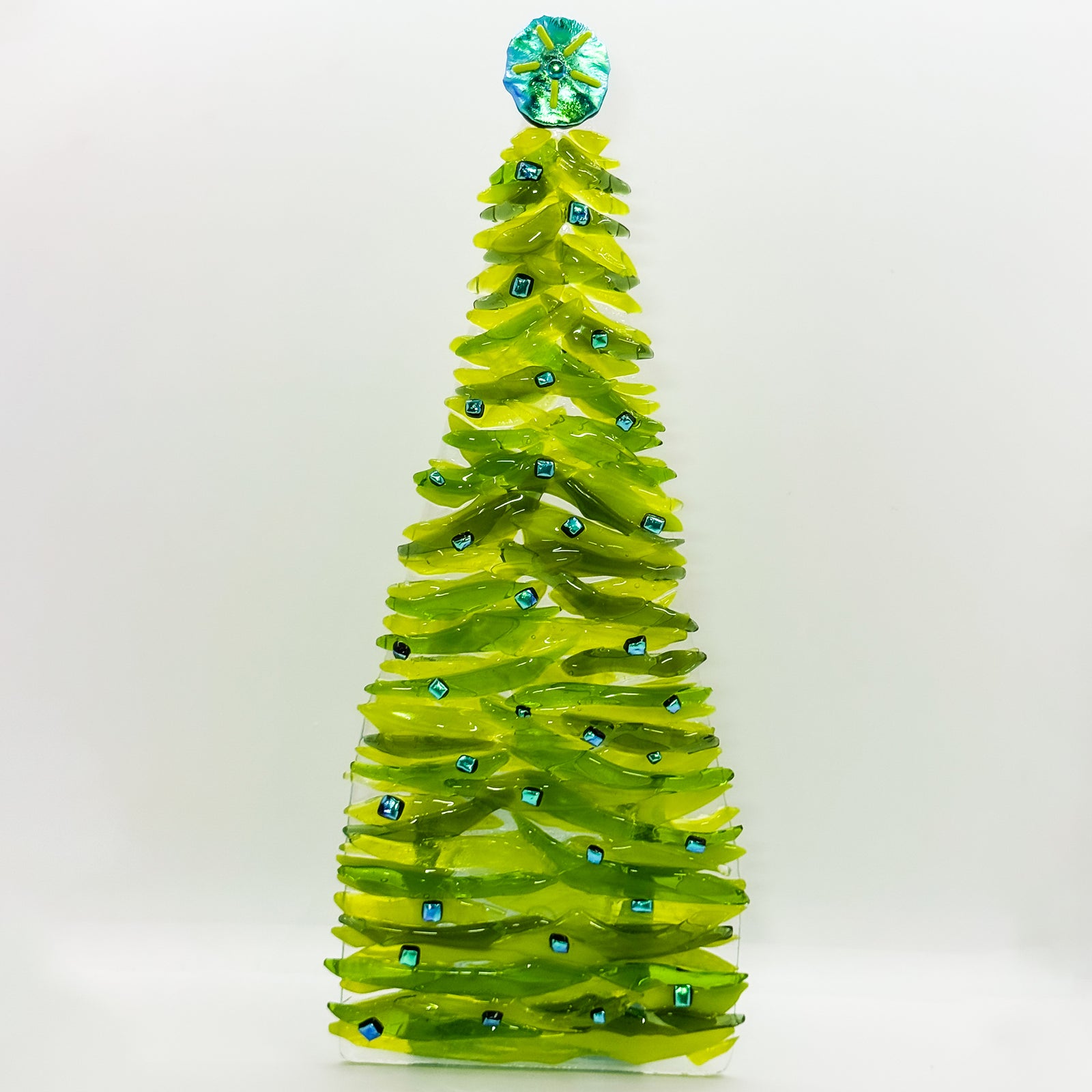 Fused Glass Xmas Tree Candle Holder in  dark lemon green swishes