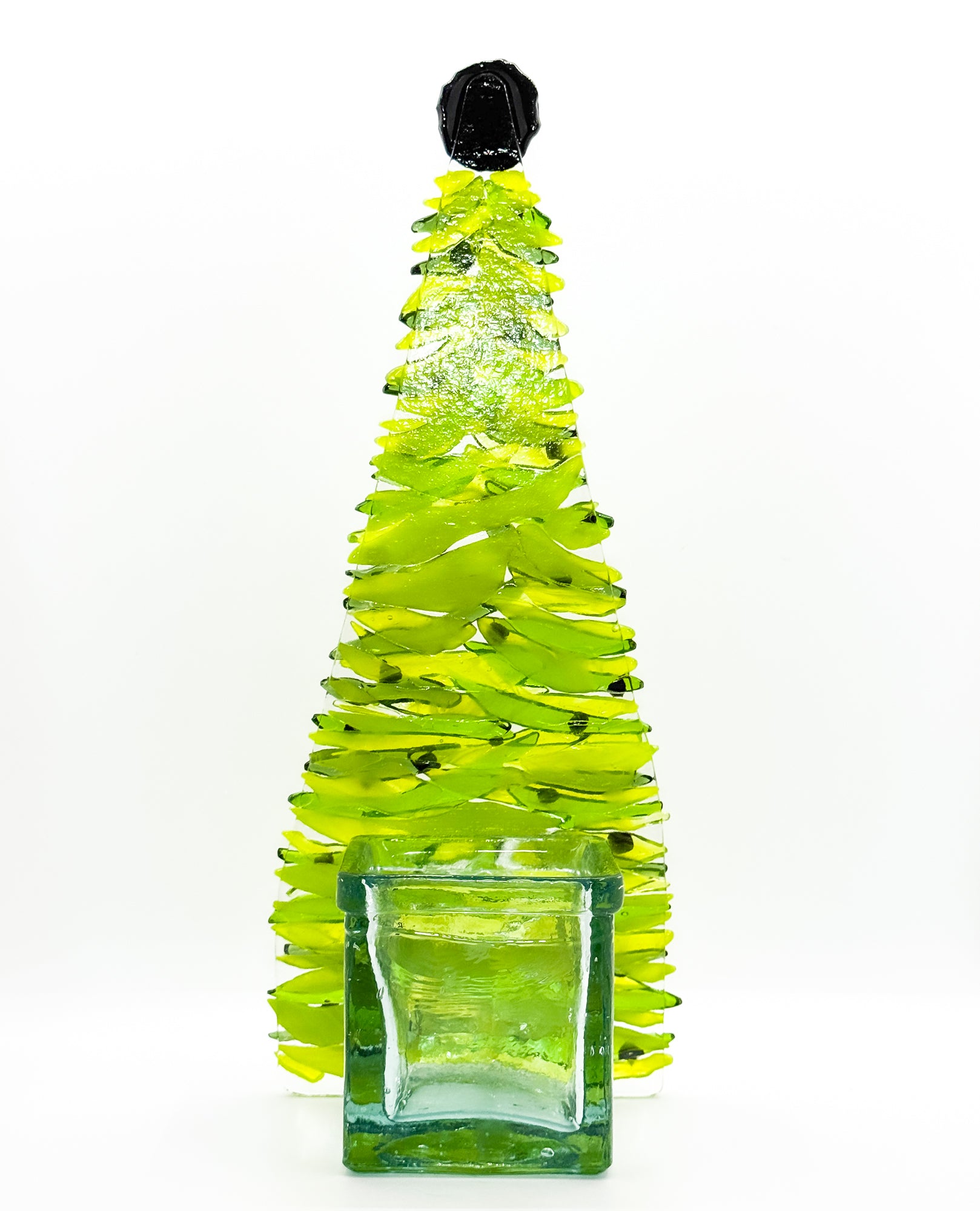 Fused Glass Xmas Tree Candle Holder in  dark lemon green swishes