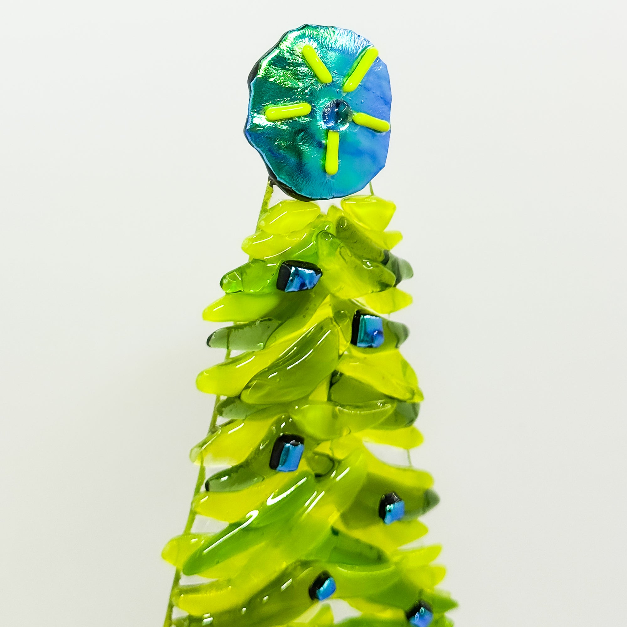 Fused Glass Xmas Tree Candle Holder in  dark lemon green swishes
