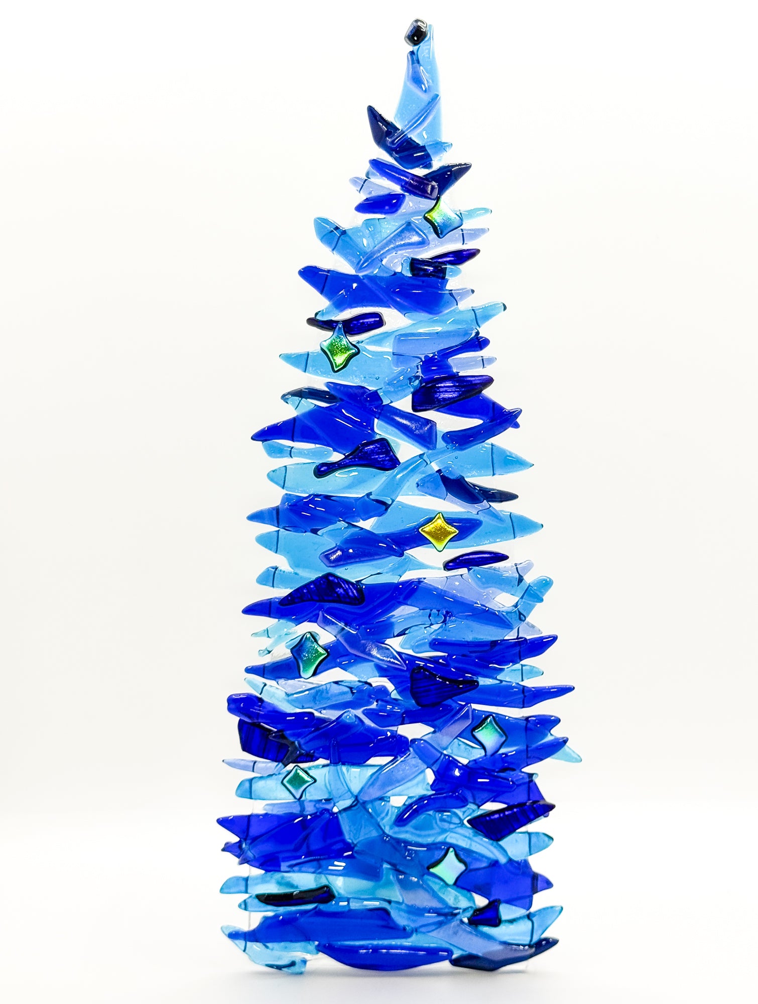 Fused Glass Xmas Tree Candle Holder in medium & dark blue swishes