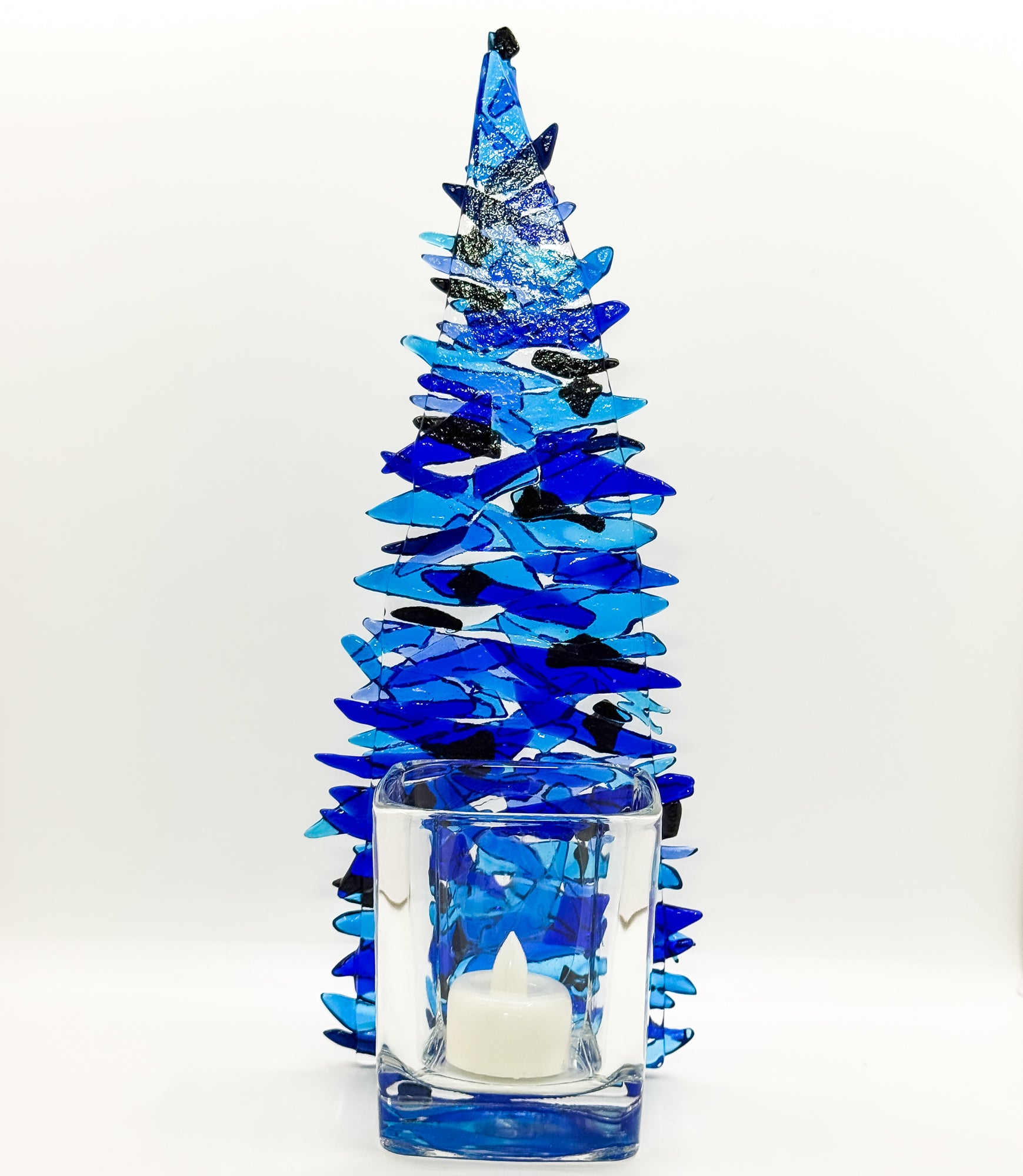 Fused Glass Xmas Tree Candle Holder in medium & dark blue swishes