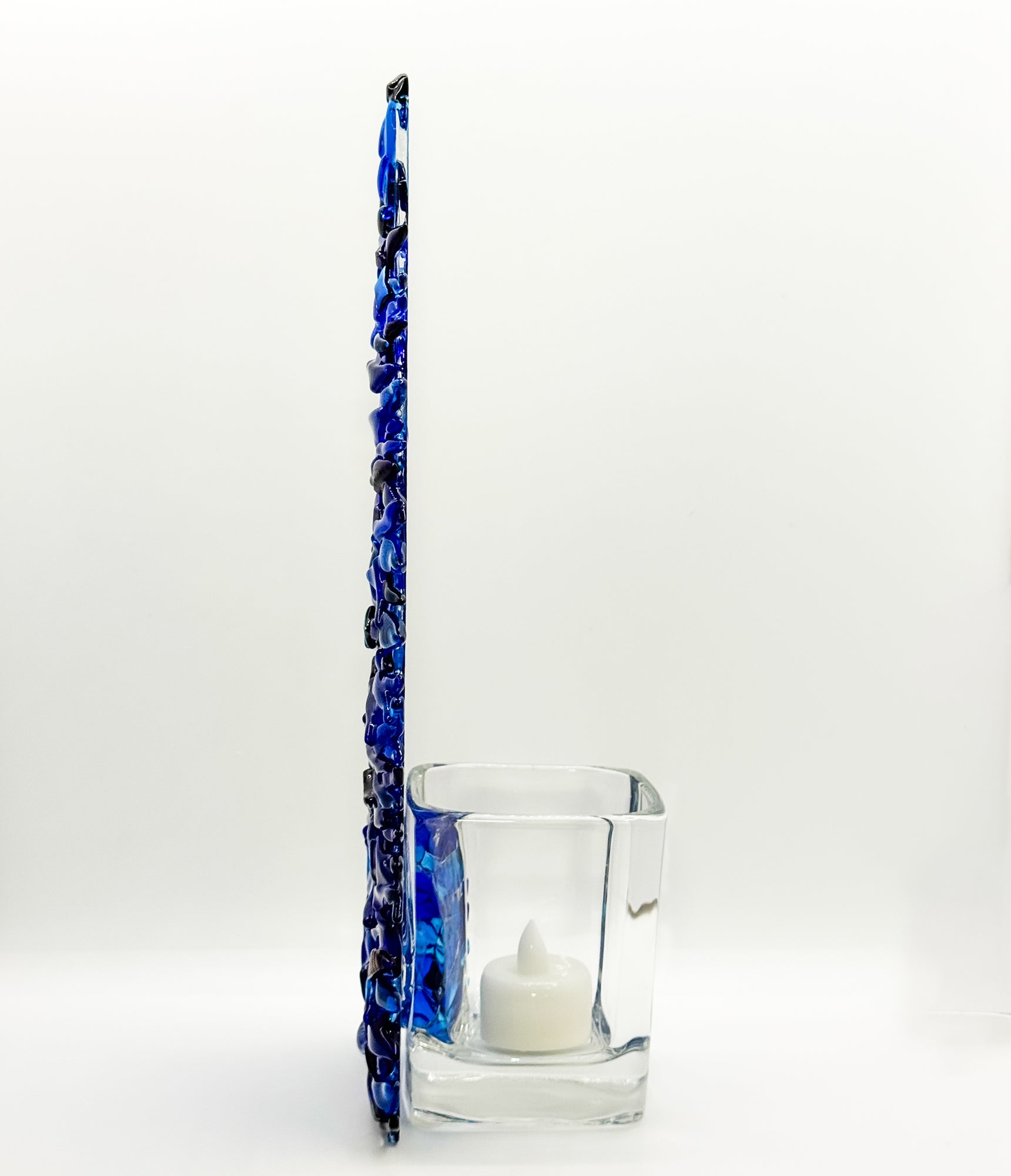 Fused Glass Xmas Tree Candle Holder in medium & dark blue swishes
