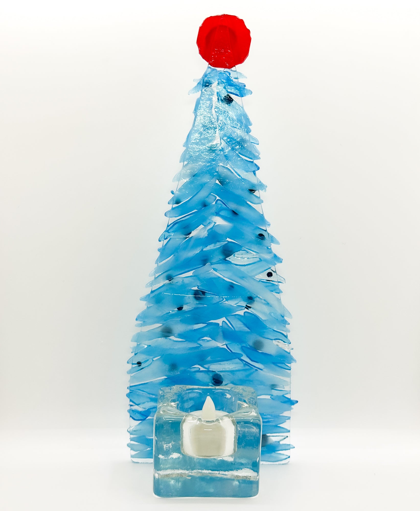 Fused Glass Xmas Tree Candle Holder in light blue
