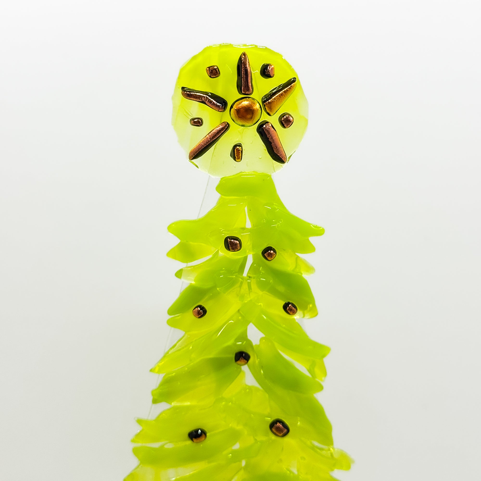 Fused Glass Xmas Tree Candle Holder in lemon green shapes with copper dots