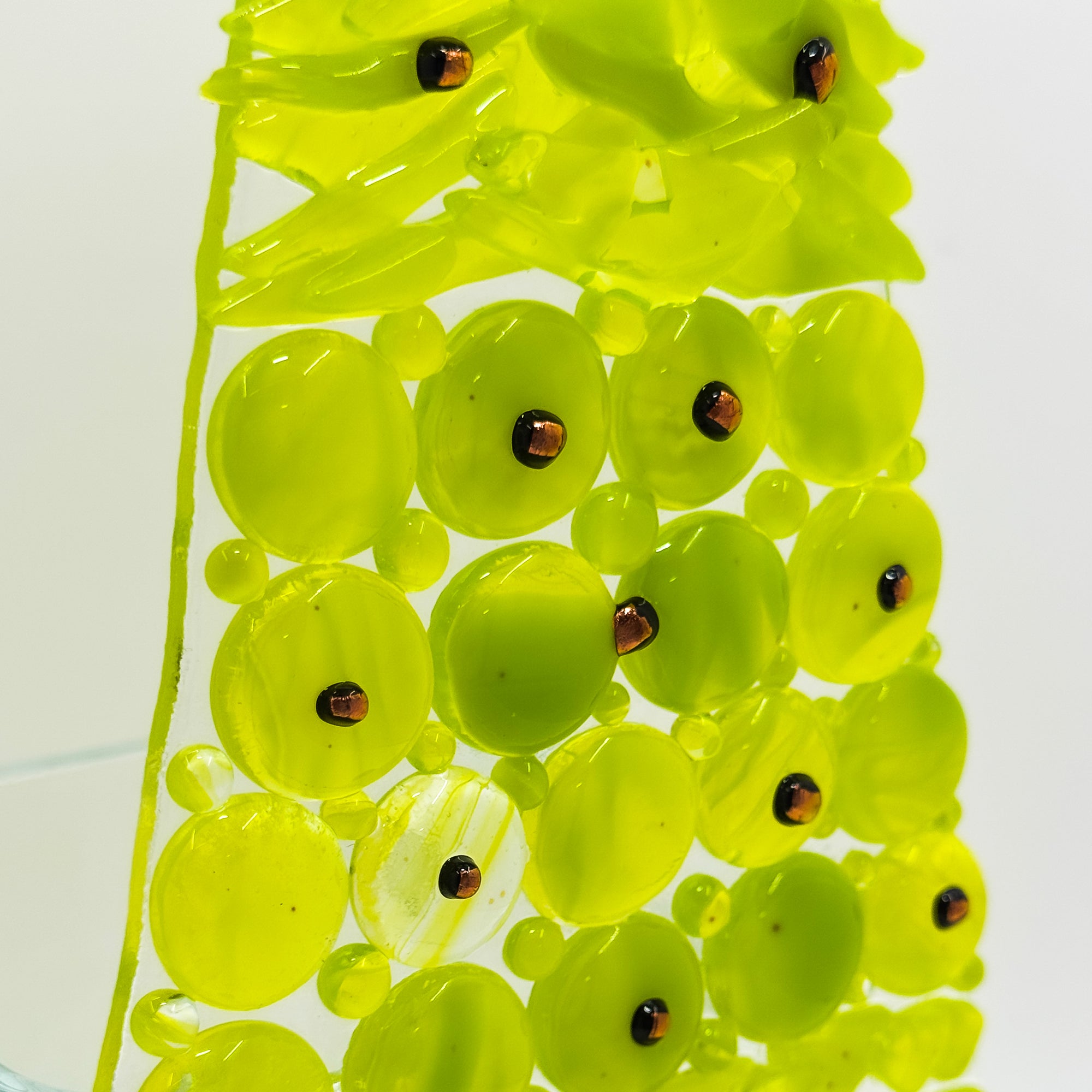 Fused Glass Xmas Tree Candle Holder in lemon green shapes with copper dots