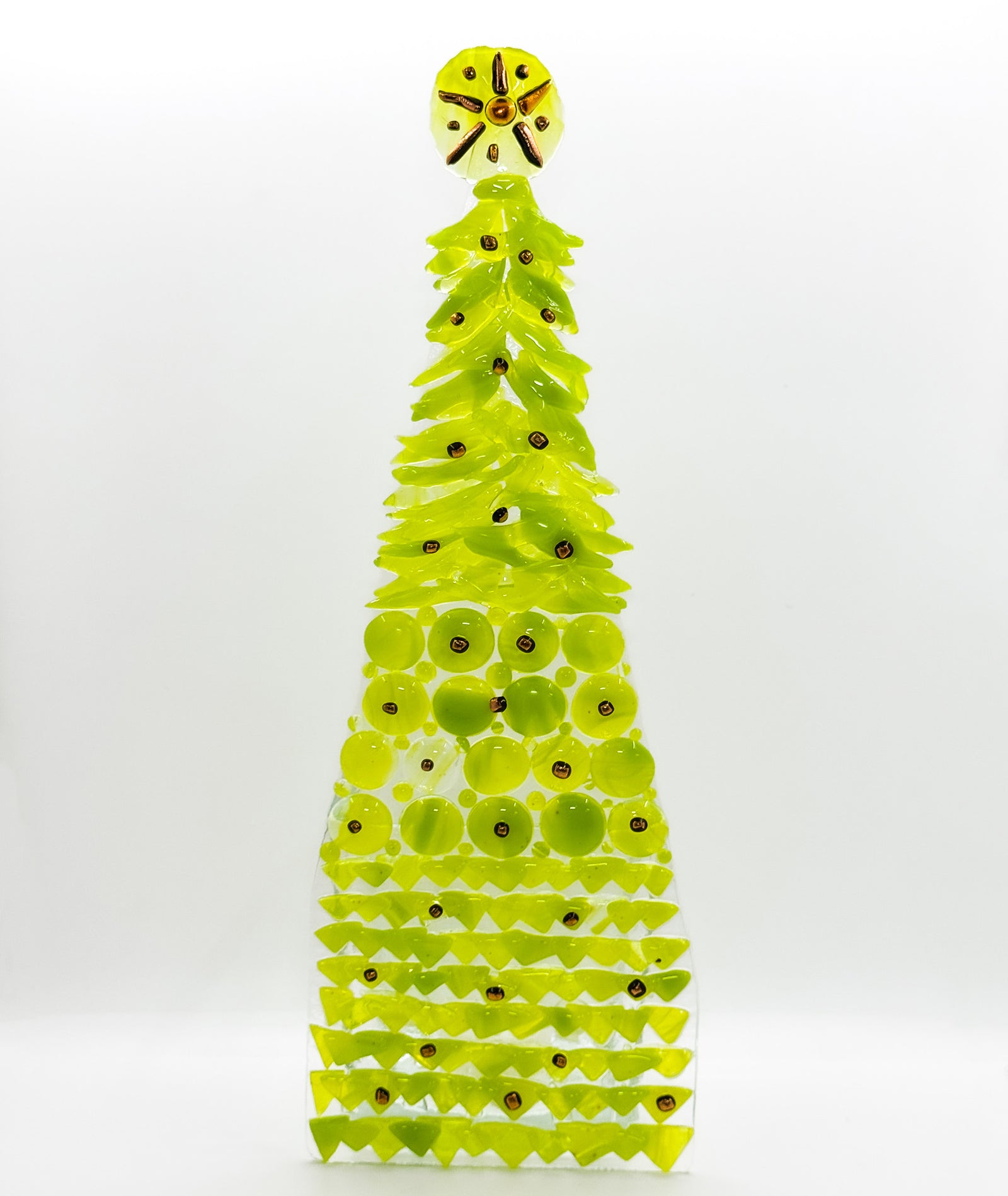 Fused Glass Xmas Tree Candle Holder in lemon green shapes with copper dots