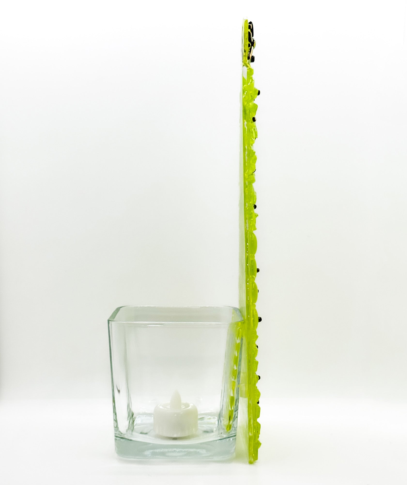 Fused Glass Xmas Tree Candle Holder in lemon green shapes with copper dots