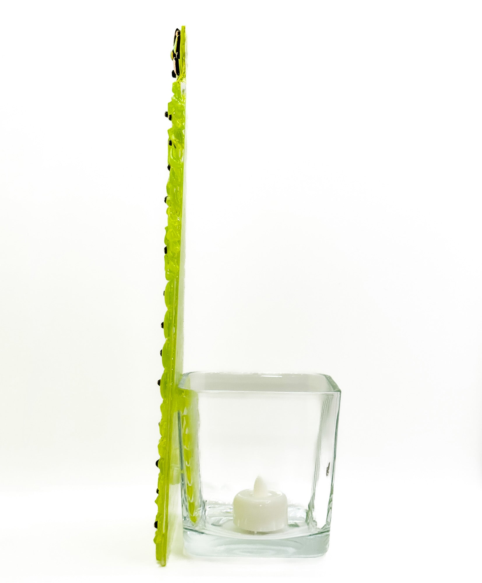 Fused Glass Xmas Tree Candle Holder in lemon green shapes with copper dots