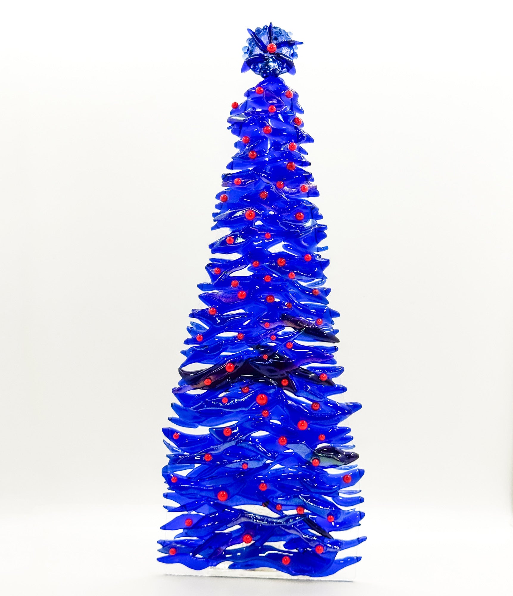 Fused Glass Xmas Tree Candle Holder in dark blue swishes with red dots