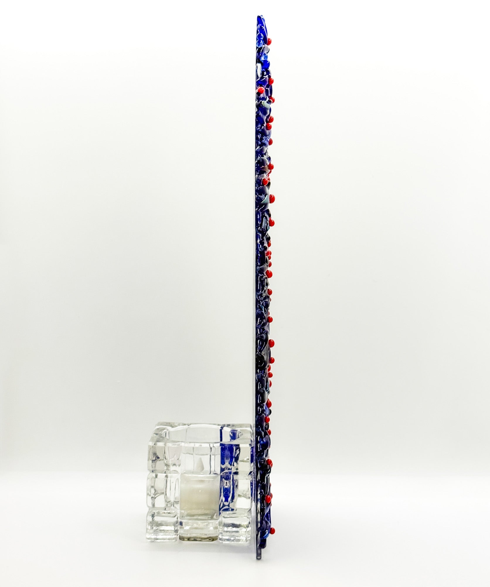 Fused Glass Xmas Tree Candle Holder in dark blue swishes with red dots