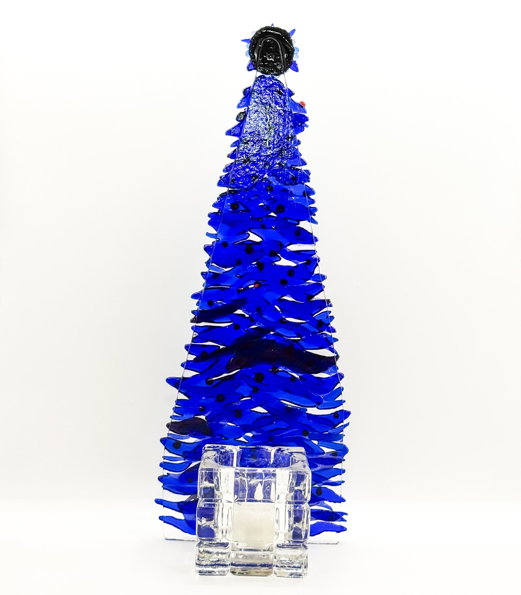 Fused Glass Xmas Tree Candle Holder in dark blue swishes with red dots
