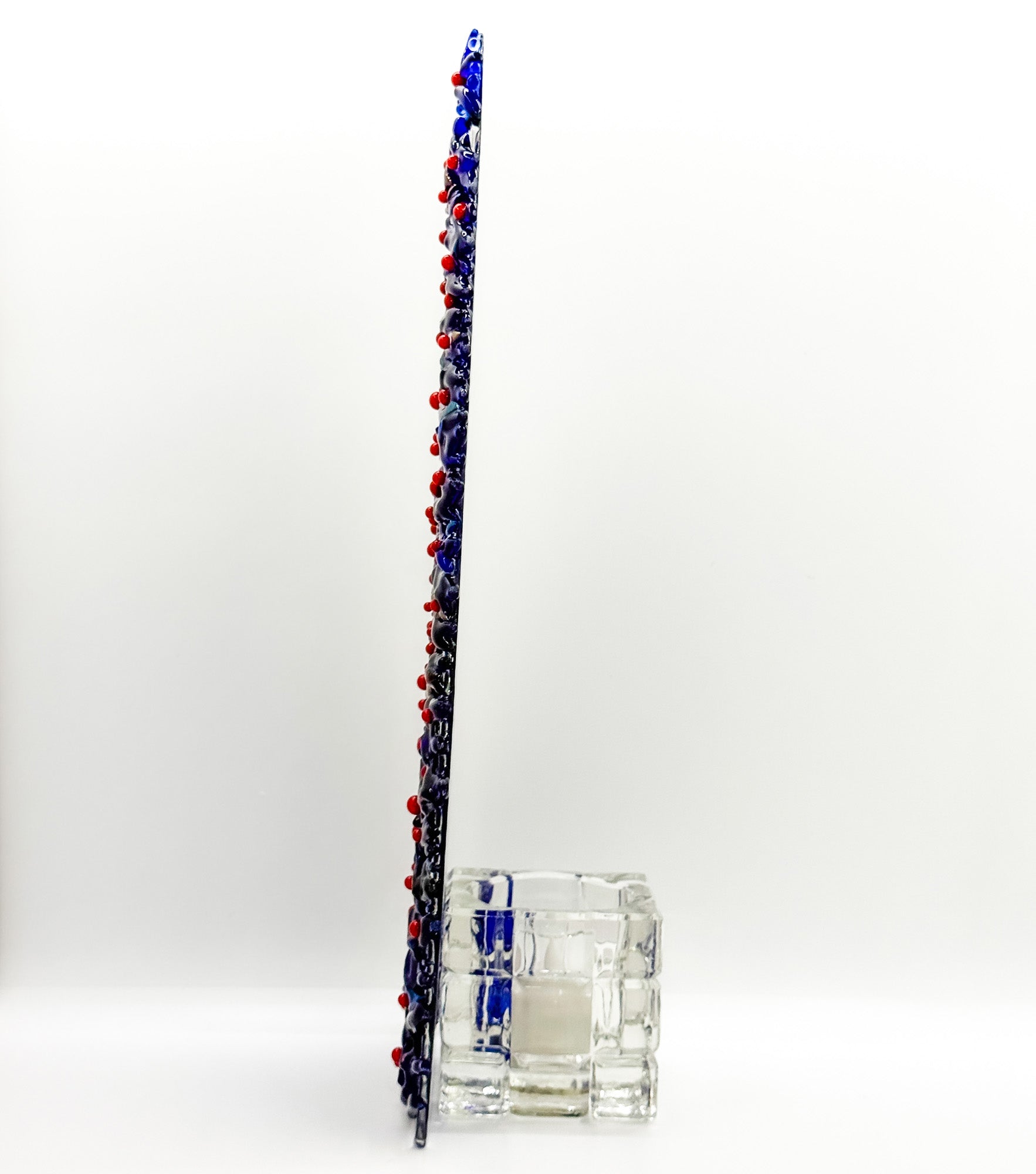 Fused Glass Xmas Tree Candle Holder in dark blue swishes with red dots