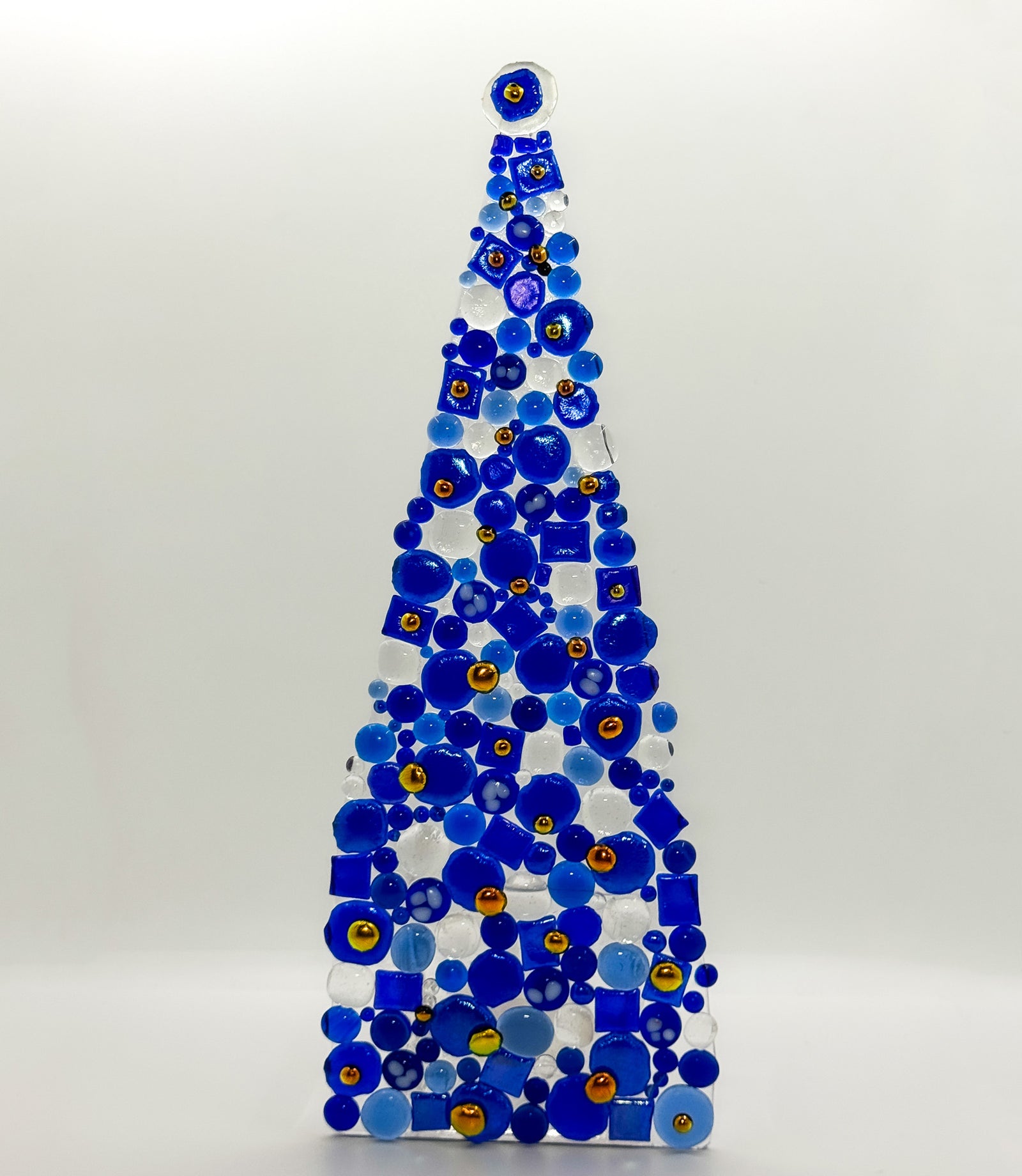 Fused Glass Xmas Tree Candle Holder in dark blue & clear dots