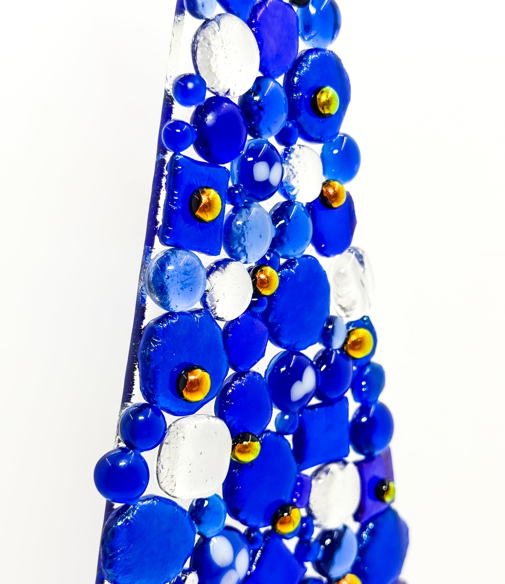 Fused Glass Xmas Tree Candle Holder in dark blue & clear dots