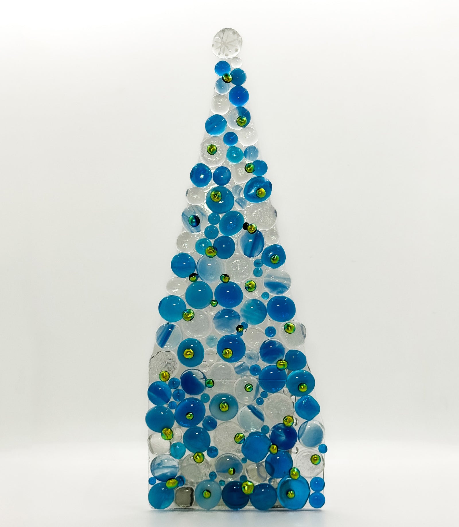 Fused Glass Xmas Tree Candle Holder in blue & clear dots with green and gold dots
