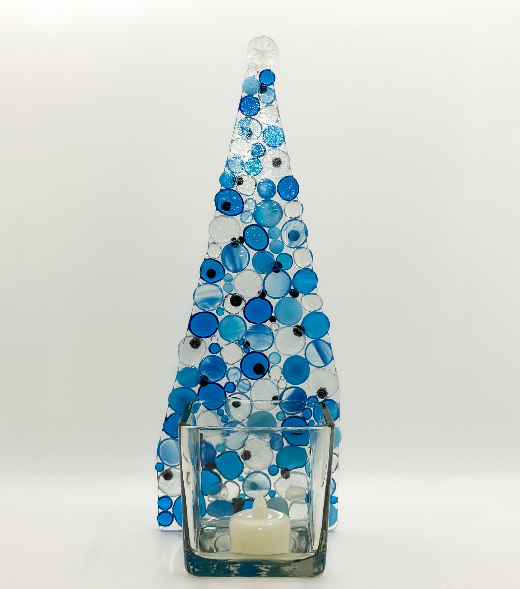 Fused Glass Xmas Tree Candle Holder in blue & clear dots with green and gold dots