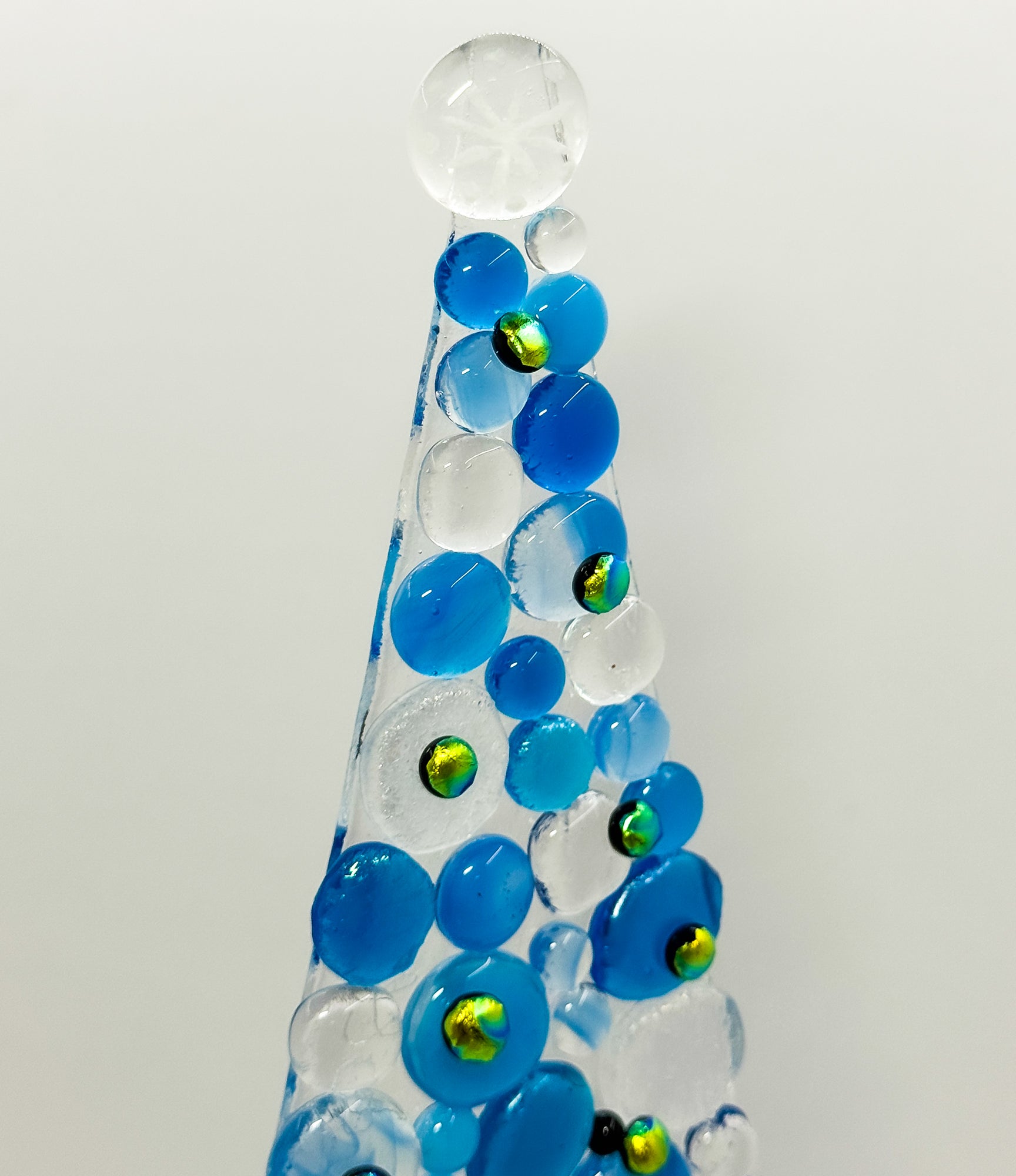Fused Glass Xmas Tree Candle Holder in blue & clear dots with green and gold dots