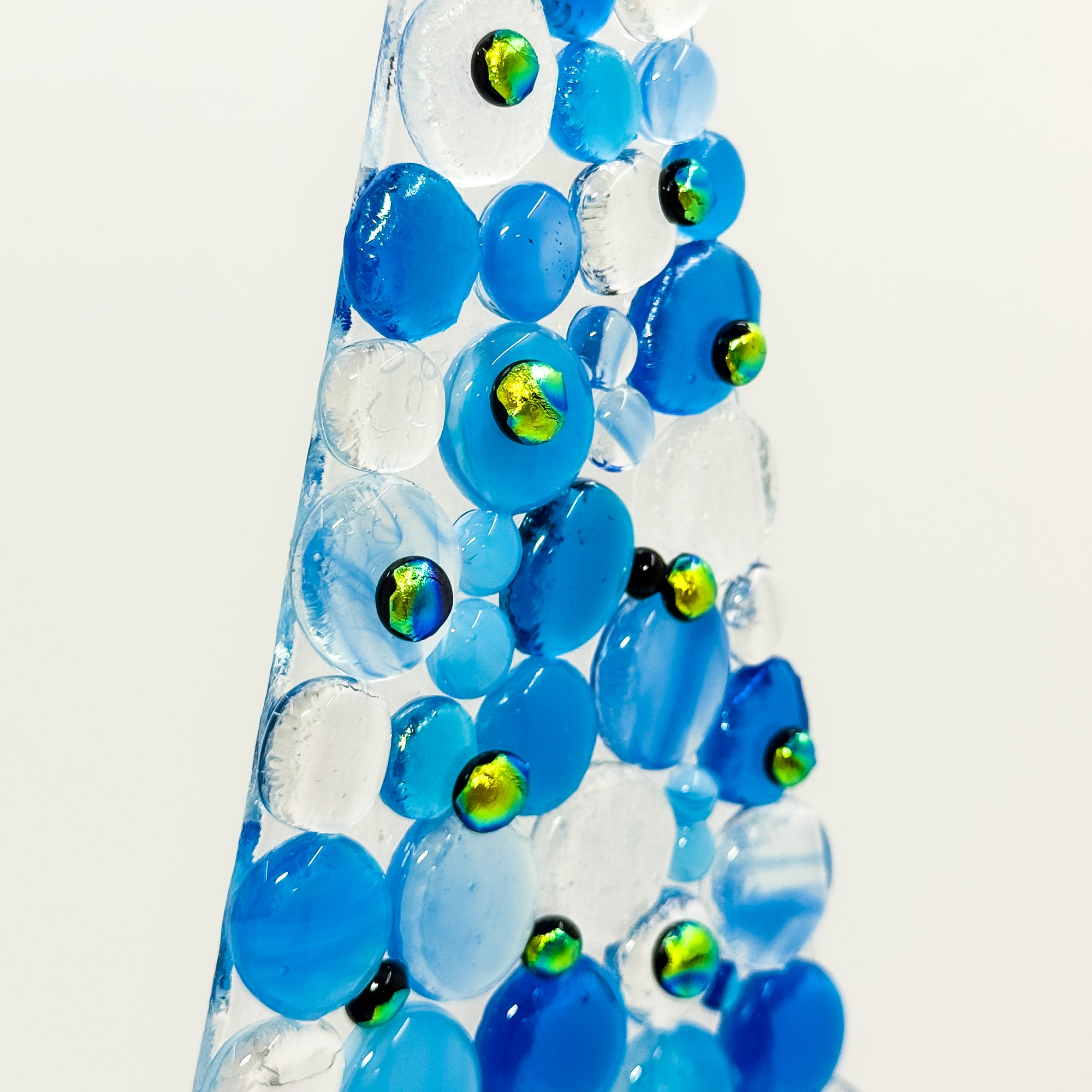 Fused Glass Xmas Tree Candle Holder in blue & clear dots with green and gold dots