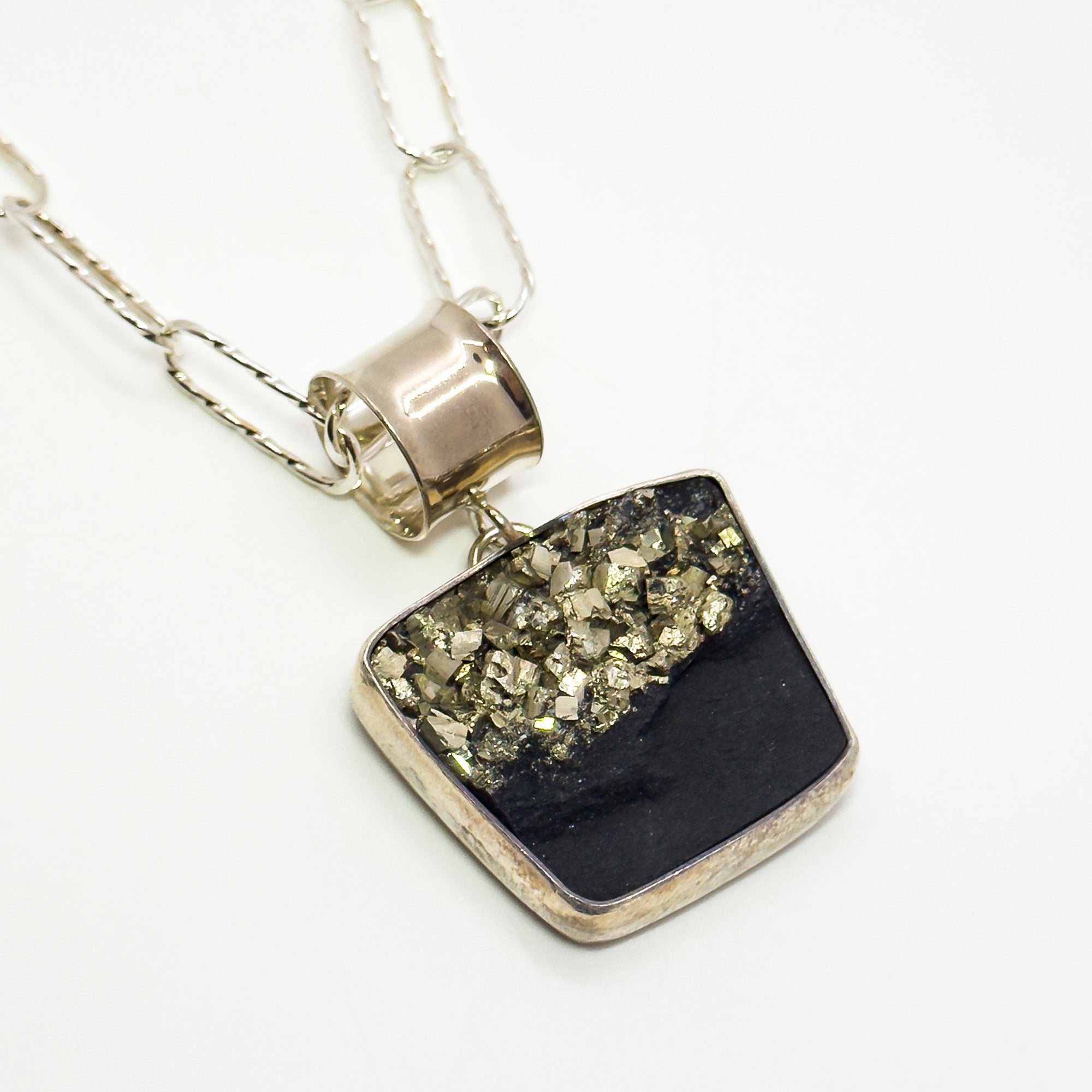 Pyrite in schist on twisted handmade chain necklace