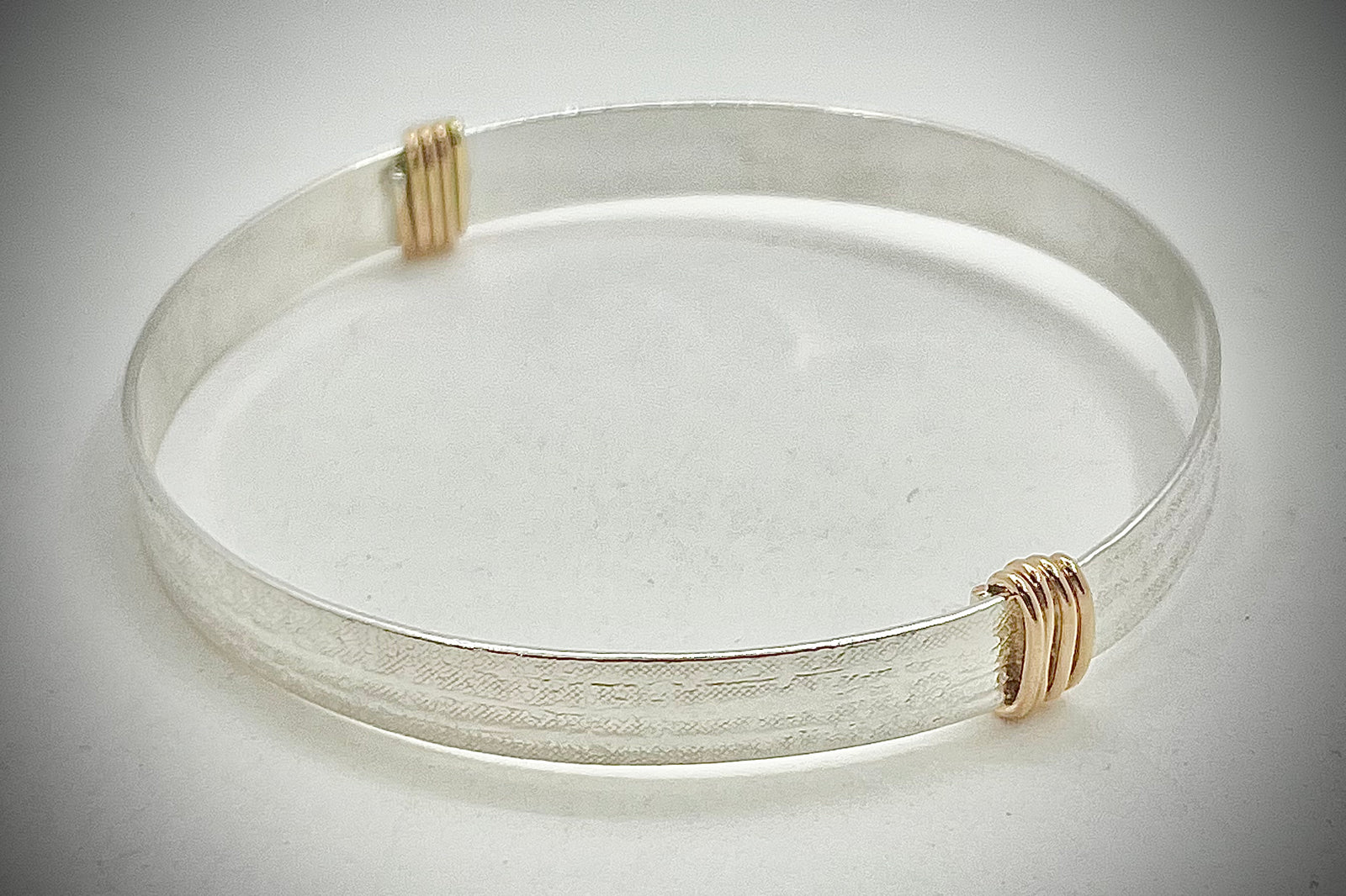 Wide Textured Bangle with Gold-Filled Wire Wrap