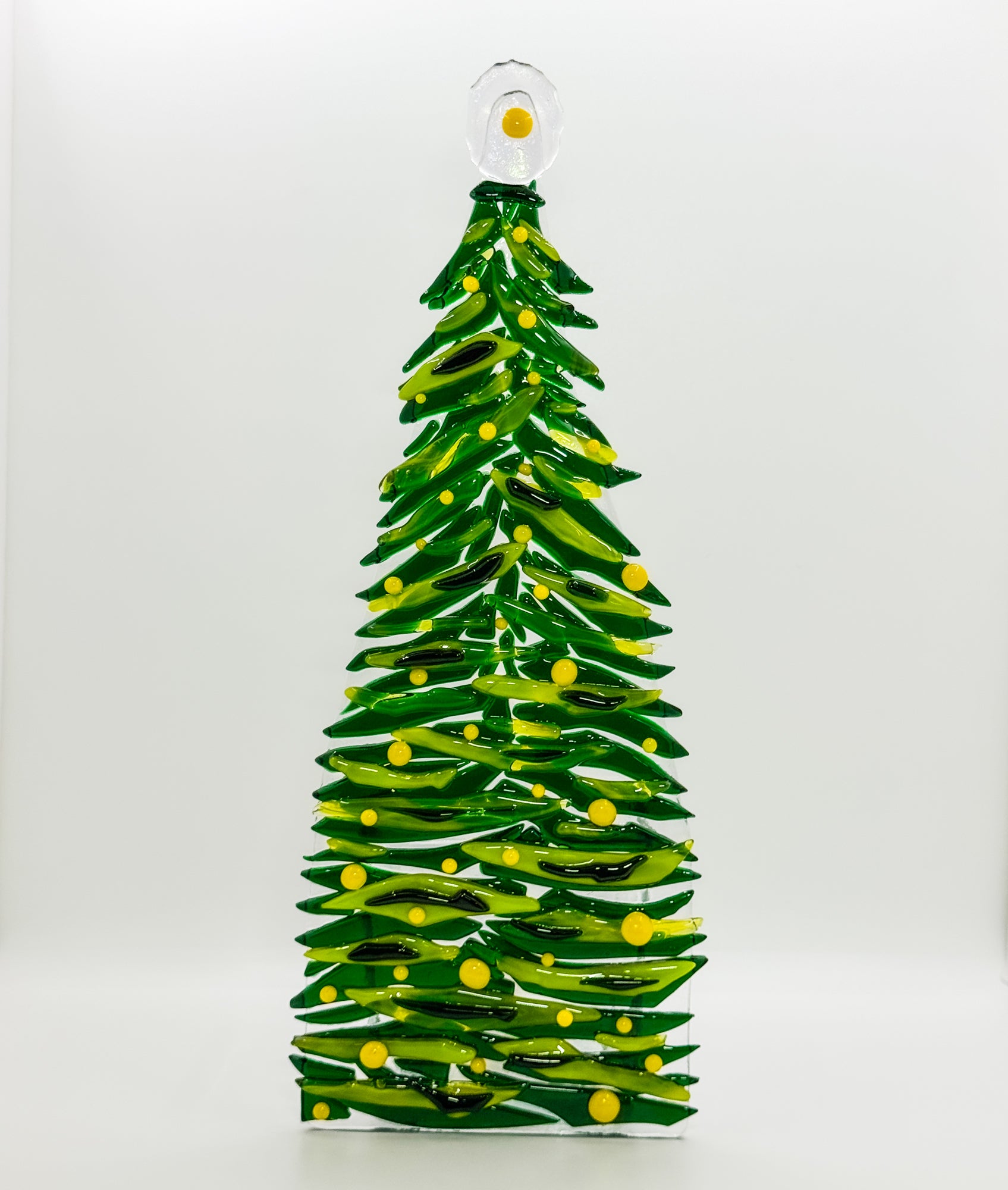 Fused glass Xmas tree dark green with yellow balls