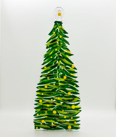 Fused glass Xmas tree dark green with yellow balls